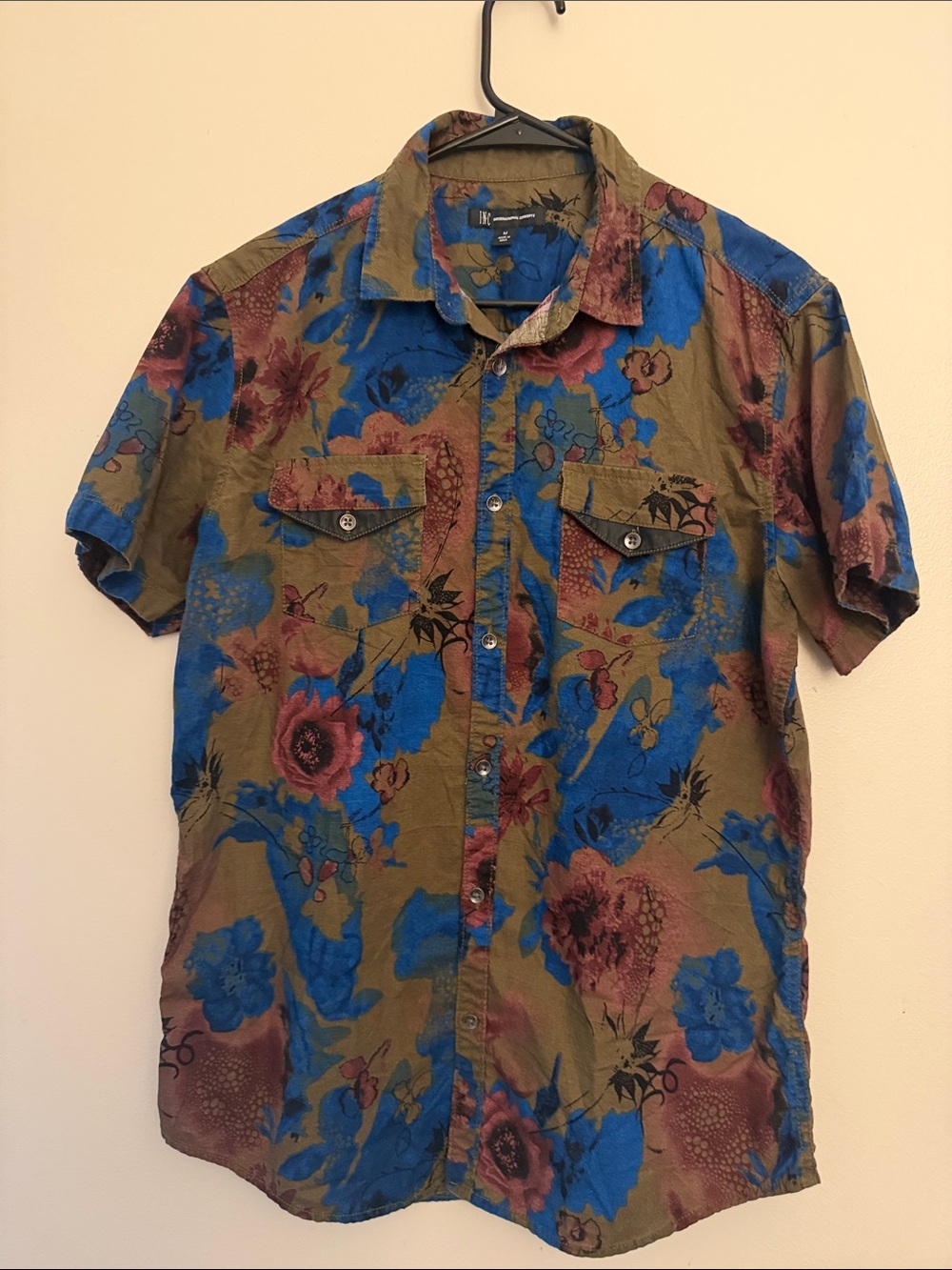 INC International Concepts Olive and Blue Floral Short-Sleeve Button-Down Shirt